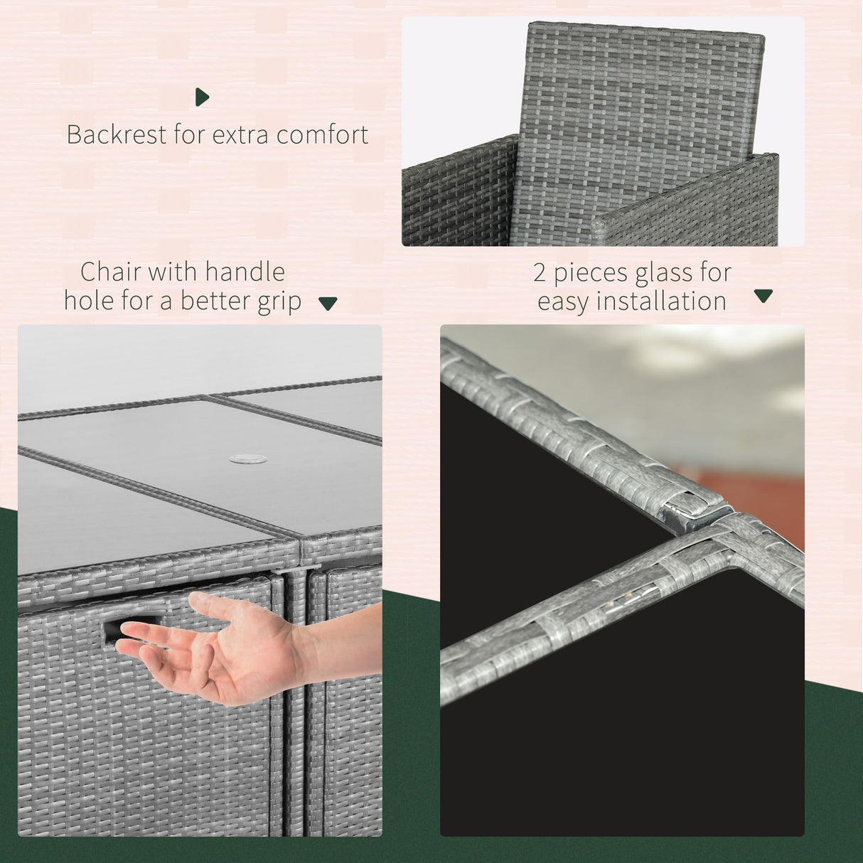 Outsunny 9-Piece PE Rattan Patio Furniture Set, Outdoor Wicker Patio Dining Set, Cushions, 4 Armchairs, 2 Easy-Store Ottoman Footrests, 1 Tempered Glass Center Coffee Table, Dark Gray Outsunny