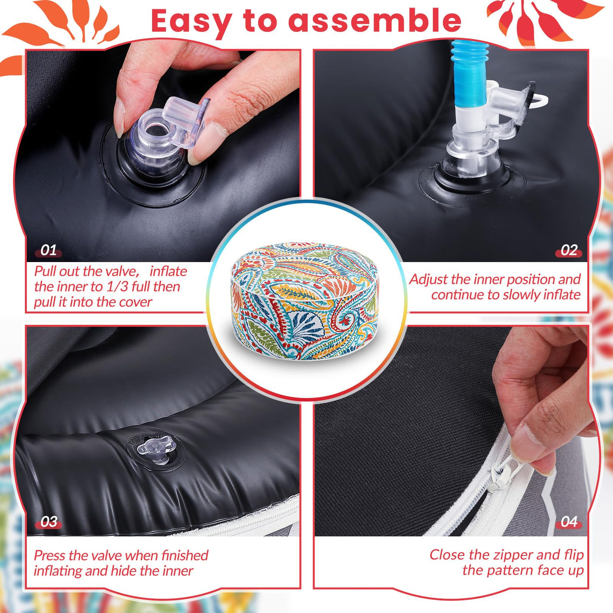 Juexica 2 Pack Outdoor/Indoor Inflatable Ottoman 21 x 9 Inch Paisley All Weather Round Footrest Stool with Handle Water Repellent Portable Footstool Pouf for Patio Garden Camping Home Deck Travel Juexica