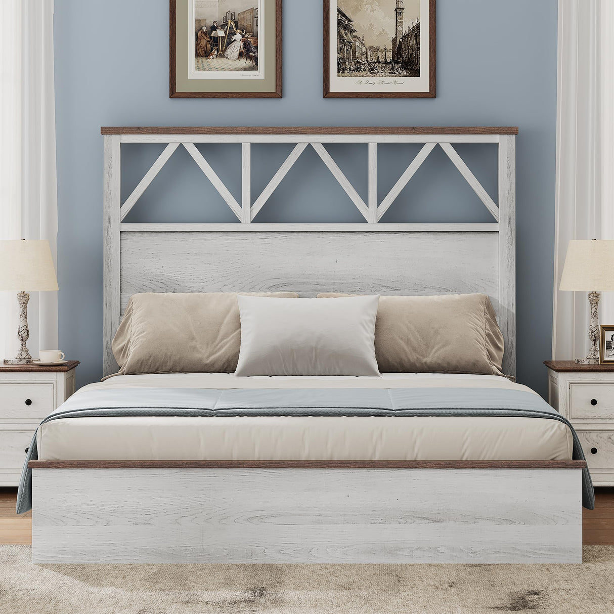 YITAHOME Farmhouse Full Size Bed Frame with 47.2'' Headboard, Platform Rustic Wood Bed Frame with Slats, Sturdy and Noiseless, No Spring Needed, White YITAHOME