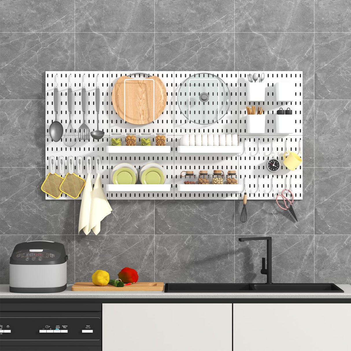 VEOFEMLEA Pegboard Combination Kit, 8 Peg Boards and 30 Accessories Modular Hanging Black Pegboard for Walls, Office Wall Organizer, Keys Holder on Wall, Nursery Storage, 44"x22" Black VEOFEMLEA