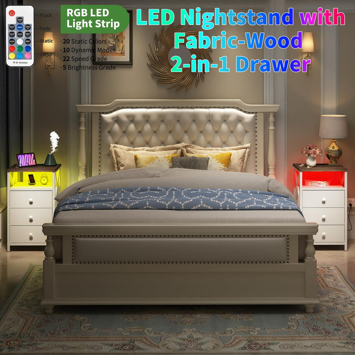 LTTDOUK LED Nightstand with Charging Station, Tall Dresser for Bedroom with LED Light, Side Table Bedside Tables with USB Ports and Outlets, White End Table with Drawer for Bedroom, Living Room LTTDOUK