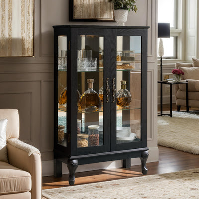 Eyisean 44" H Lighted Glass Display Cabinet with Glass Doors, Wooden Curio Cabinet with 3 Adjustable Shelves, Mirrored Back Panel, Arched China Cabinet for Living Room, Light Bulb Included (Black)
