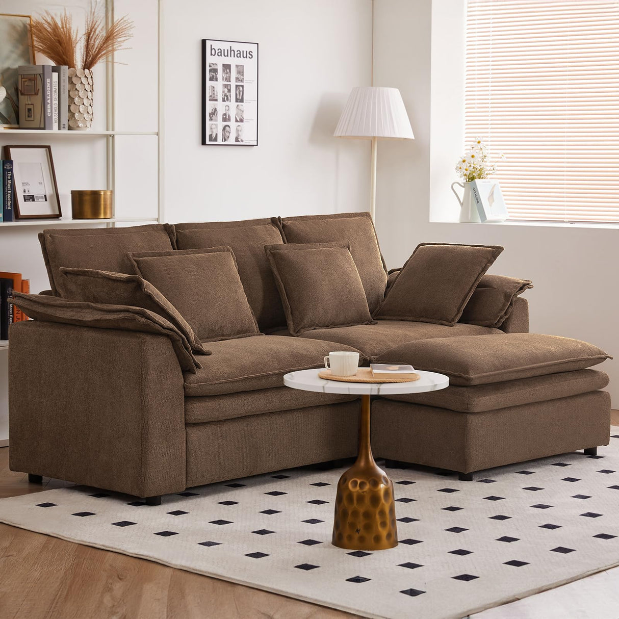 FEISHOMINOO 87" L Shaped Sectional Sofa Modular Deep Seat Sofa Couch with Ottoman, Chenille Sofa Sleeper Comfy Upholstered Furniture for Living Room, Apartment, Studio, Office (Espresso, L-Shaped) FEISHOMINOO