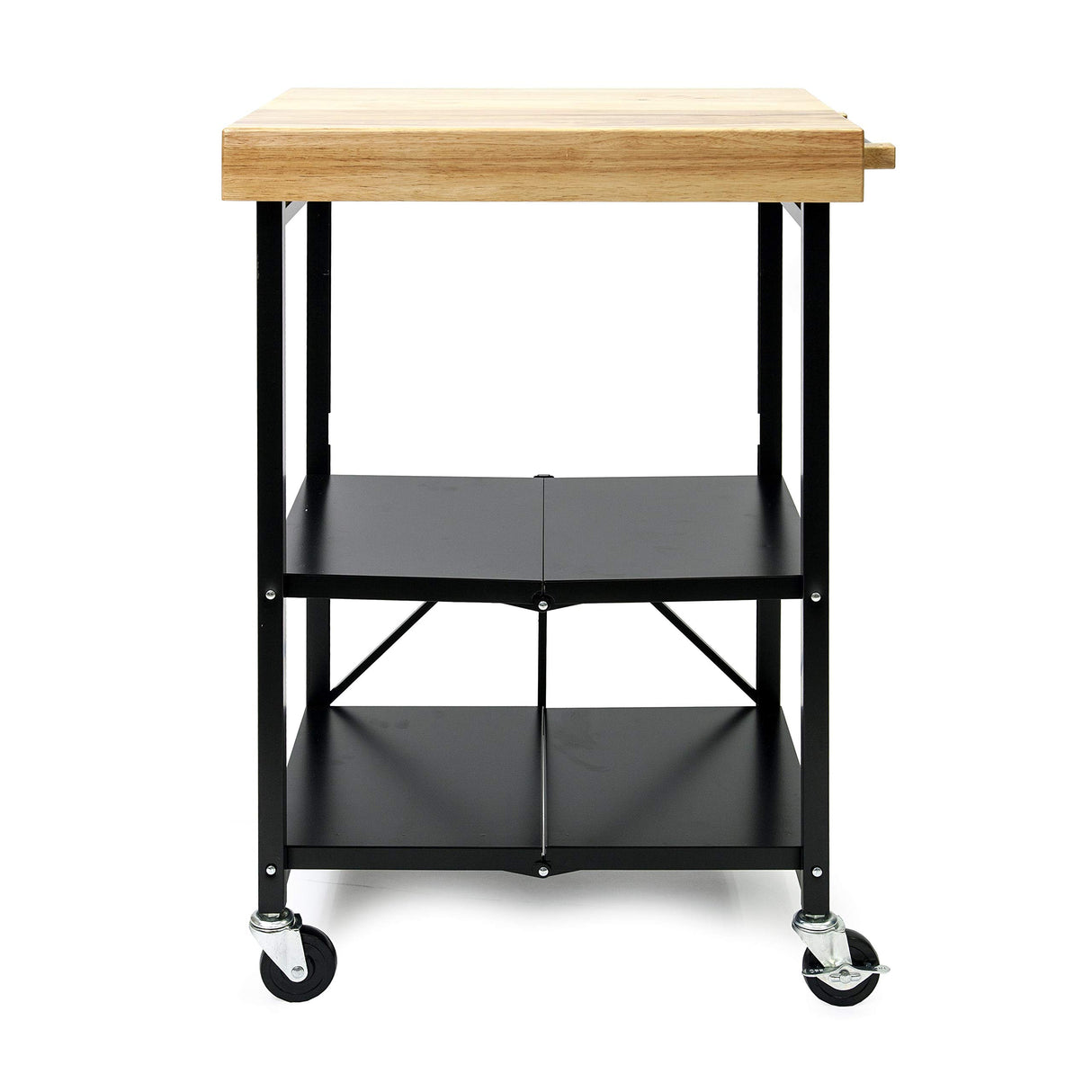 Origami Foldable Wheeled Portable Steel Frame and Solid Wood Top Kitchen Island Bar Cart with Open Shelving and Built In Towel Rack, Black Origami