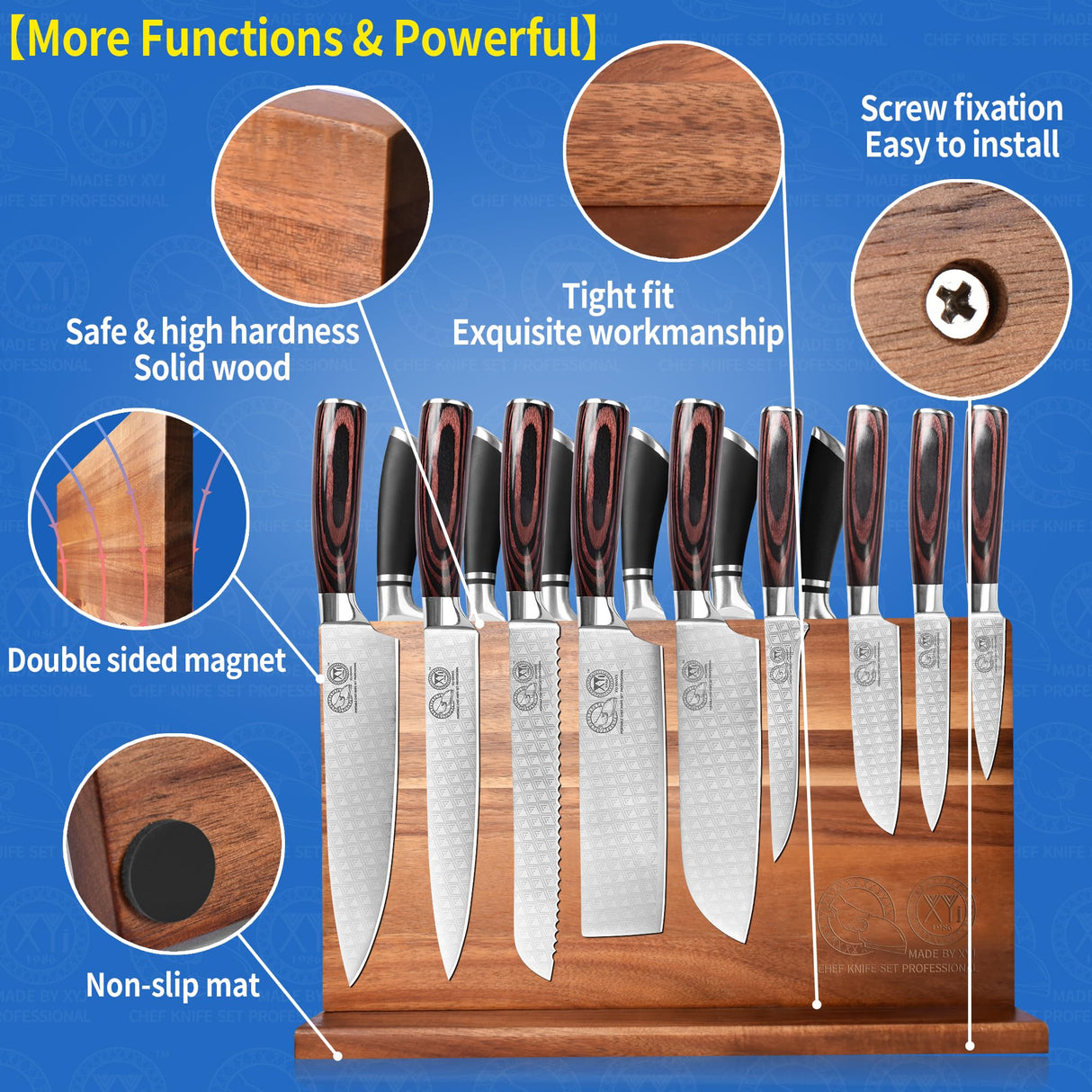 XYJ Extra Large Magnetic Knife Block Acacia Wood Knife Set Holder Stand With Stronge Magnetic Strip Kitchen Knives Storage Rack Organizer Tools No Drilling XYJ