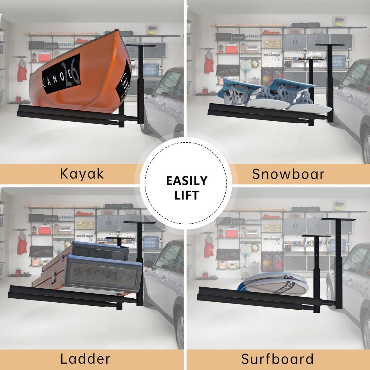 TRUSOON Adjustable Ladder Ceiling Rack, Kayak Overhead Garage Storage Rack, Garage Ceiling Storage for Kayak, Ladder, Surfboard, Snowboar Overhead Hanger, Holds 150 lbs, Black TRUSOON