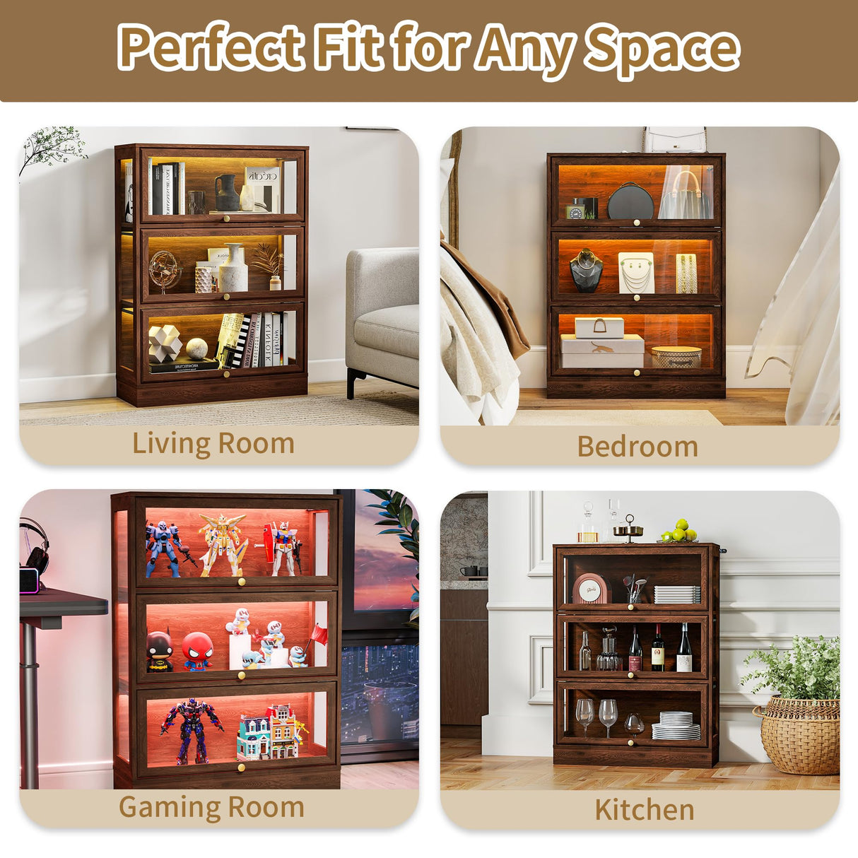 Boniture Display Cabinet with Acrylic Glass Doors,3-Tiers Curio Cabinet with LED Lighting for Collectibles, Collectibles Toy Organizers Rack & Display Shelf Display Case Storage Cabinet,Walnut BONITURE