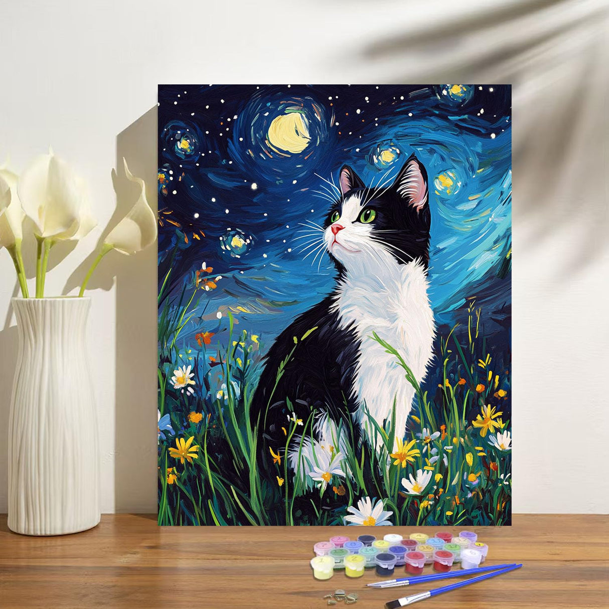 obterie Starry Night Paint by Numbers Kit for Adults Beginner Cat Oil Painting Kit Adult Paint by Number Kits on Canvas DIY Painting for Beginners Art by Numbers for Gifts Home Wall Decor 16x20 Inch obterie