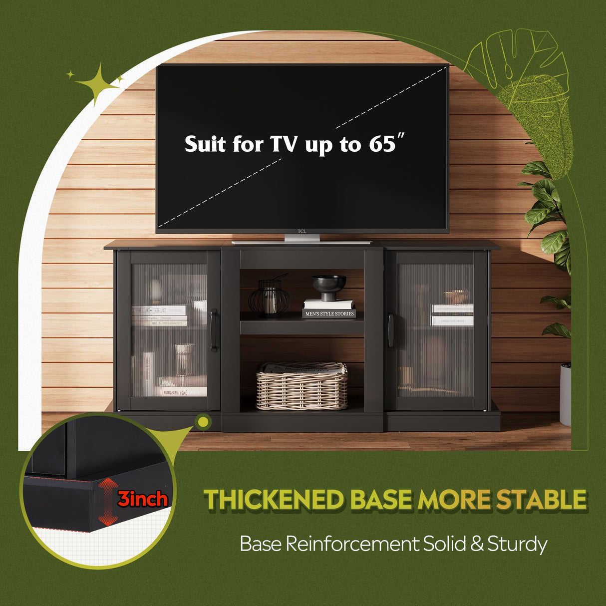 WLIVE Retro TV Stand for 65 inch TV, TV Console Cabinet with Storage, Open Shelves Entertainment Center for Living Room and Bedroom, Black WLIVE