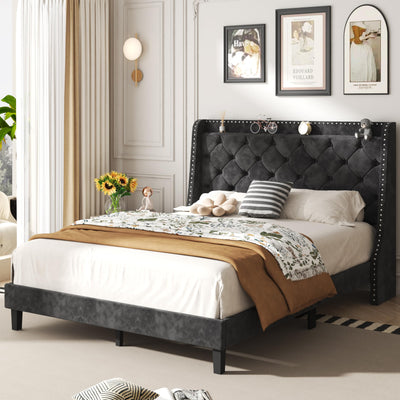 SUNLEI Queen Size Bed Frame with Diamond Tufted Headboard and Storage, Upholstered Platform Bed Frame Queen with 2 Large Wingbacks, Sturdy Wooden Slats Support, Easy Assembly, Velvet Black