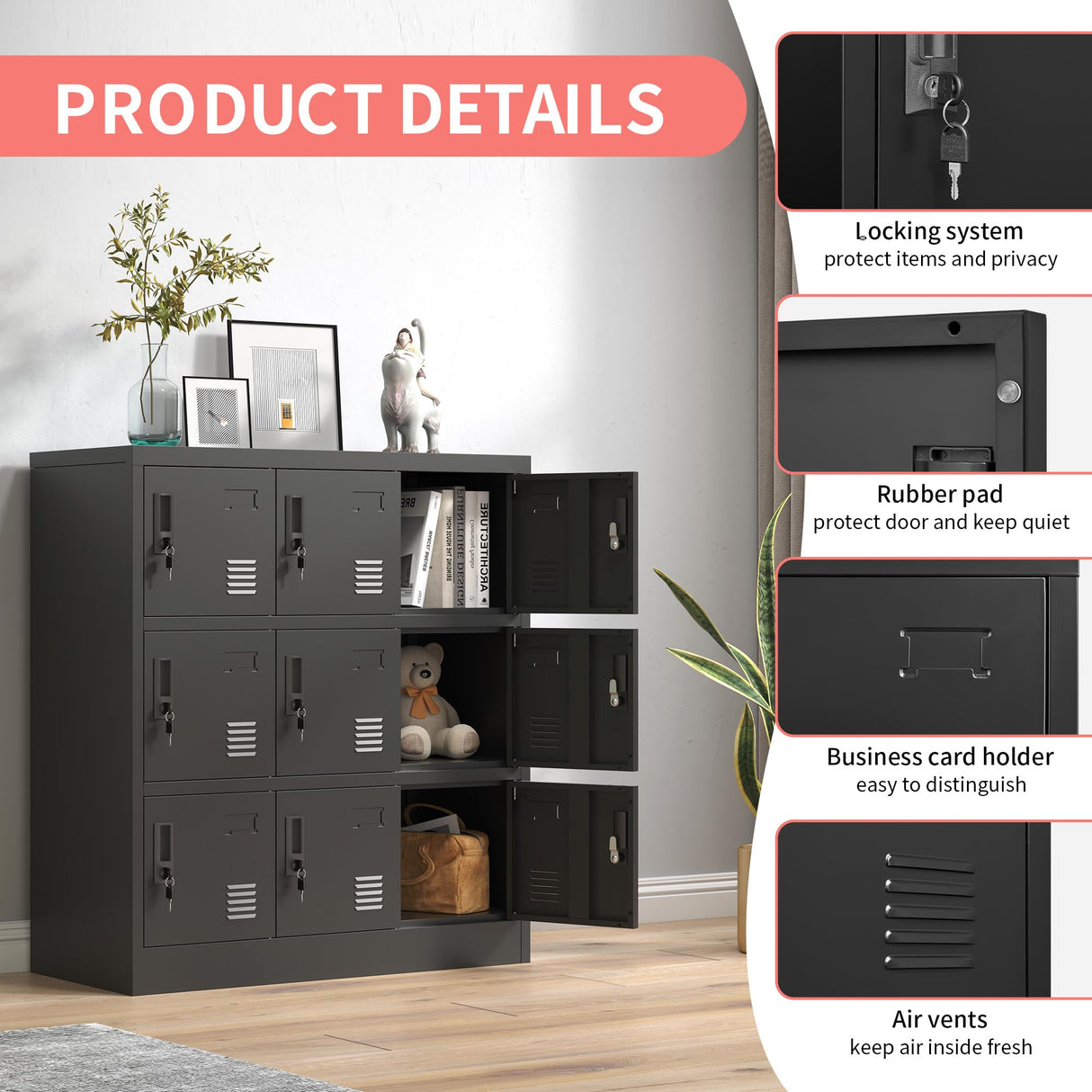 IKIMI Metal Lockers for Employees,Office Storage Locker with 9 Doors Black,Employee Locker with Lock and Card Slot,Steel Staff Locker Storage Cabinet for Gym Home School Garage,Assembly Required IKIMI