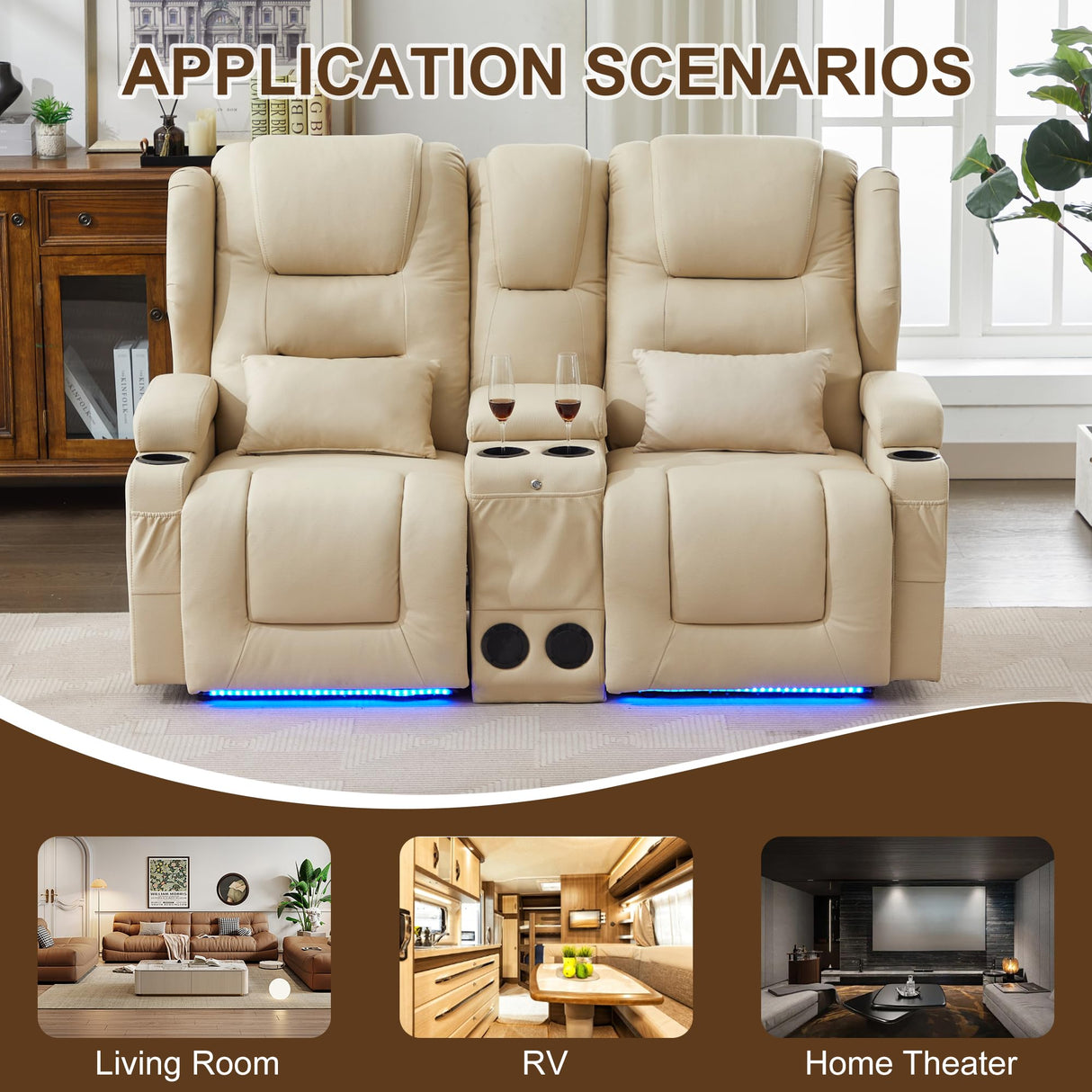 DRMBOOK RV Power Loveseat Recliner Sofa, Leathaire Fabric Wall Hugger Reclining Sofa with Console, Home Theater Seating Chair with Cup Holders, 2 Person Couch RV Furniture for Living Room, Beige DRMBOOK