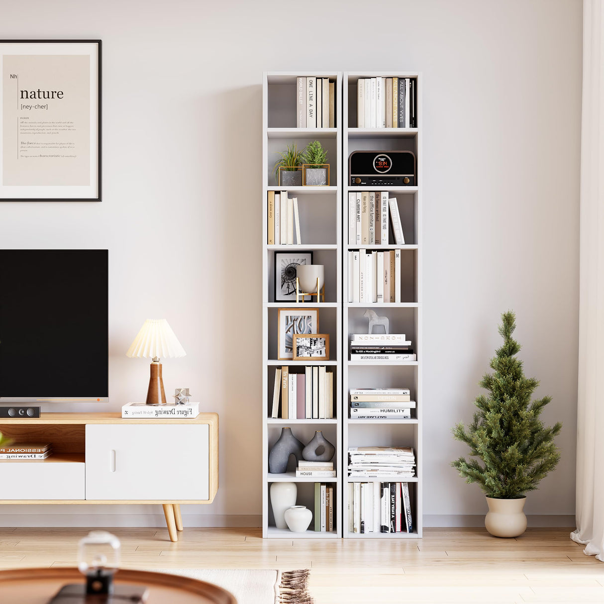 Bamjoy 71 Inches Tall Narrow Bookshelf, 8-Tier CD DVD Slim Media Tower Rack, Corner Bookcase with Adjustable Shelves, Skinny Cubes Bookshelves for Home Office Small Space, White Bamjoy