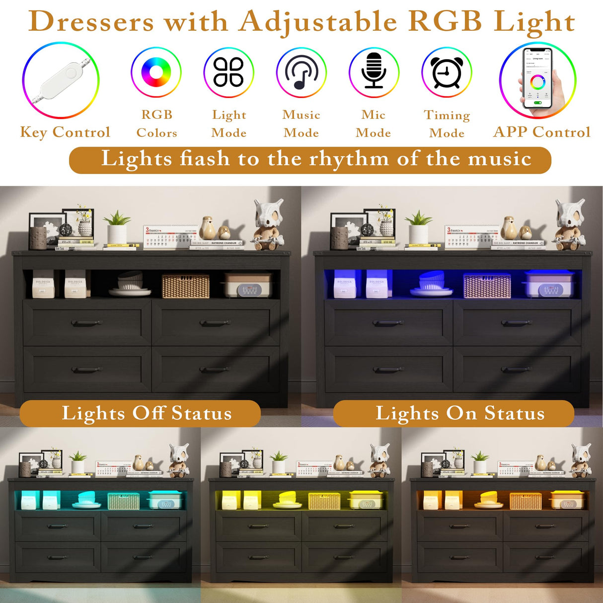 Wodeer 4 Drawer Dresser Chests with LED Light,Wide Chest of Drawers with Metal Handles,Wood Dresser for Storage and Organization for Bedroom,Living Room, Nursery,Hallway,Black Wodeer