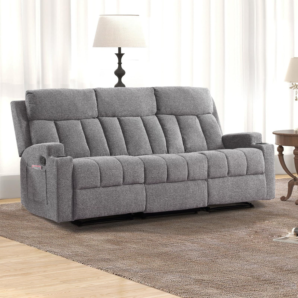 CANMOV Manual Fabric Reclining 3 Seat Sofa Couch with 2 Cup Holders, 3 Seater Recliner Sofa Couch with Armrest and Pockets for Living Room, Bedroom Furniture, Gray CANMOV