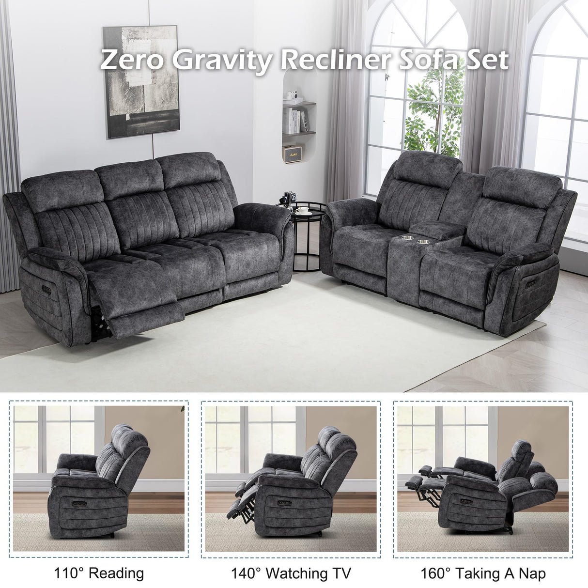 Consofa Zero Gravity Reclining Sofa Set, Power Recliner Living Room Set with Adjustable Headrest, Power Reclining Sofa and Loveseat Set with USB Port/Console/Cup Holders for Living Room(Grey) Consofa