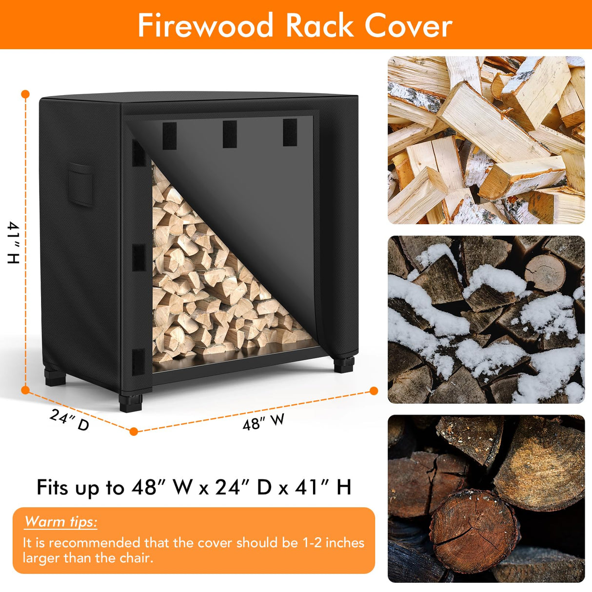 WLEAFJ Outdoor Firewood Rack Cover 4 feet, Log Rack Cover Waterproof, Wood Cover for Log Holder, 48" W x 24" D x 41" H, Black WLEAFJ