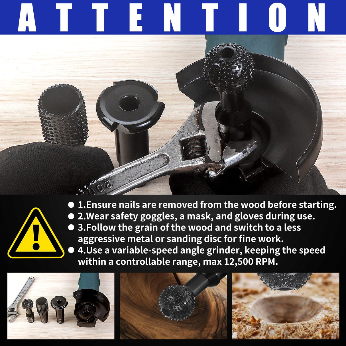 3 PCS Upgraded Wood Grinder Ball Gouge with 5/8-11 Thread for 4 1/2 and 5 Inch Angle Grinder Attachments, Power Carving Tools with Sphere Rotary Burr Carbide Steel Electric for Wood Hollowing Slotting Pomsare