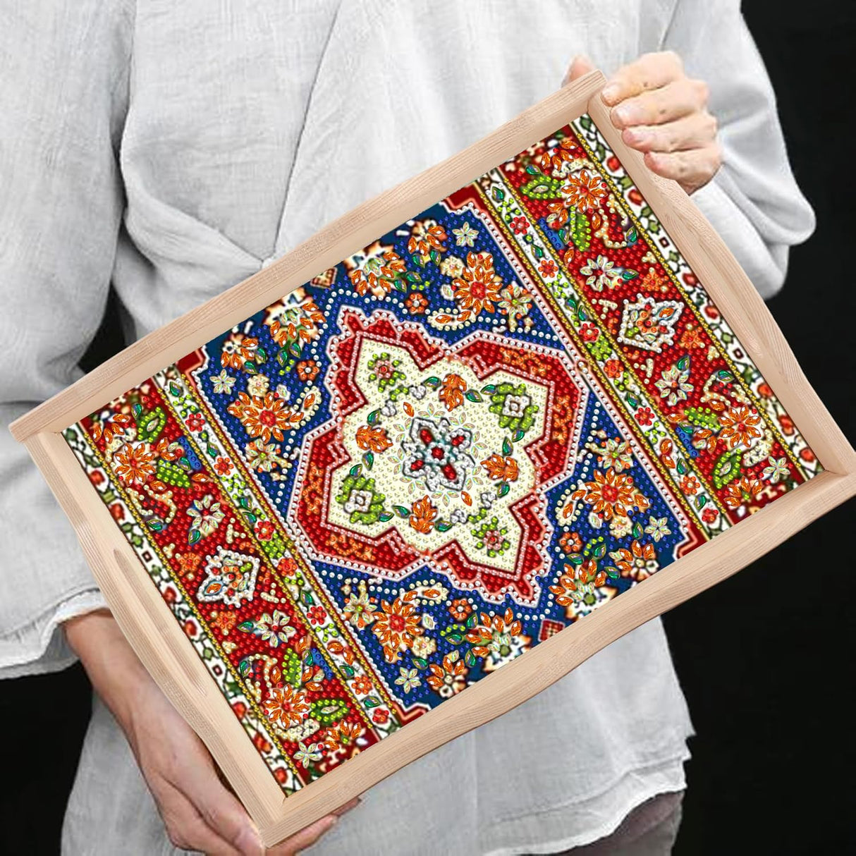 DOTSOPS 5D Diamond Art Kits for Adults Wooden Serving Tray with Handle Special Diamond Painting Plate Big Gem Dots Paint by Numbers Crafts Kits for Living Room Mandala 7.8x11.8 Inches DOTSOPS