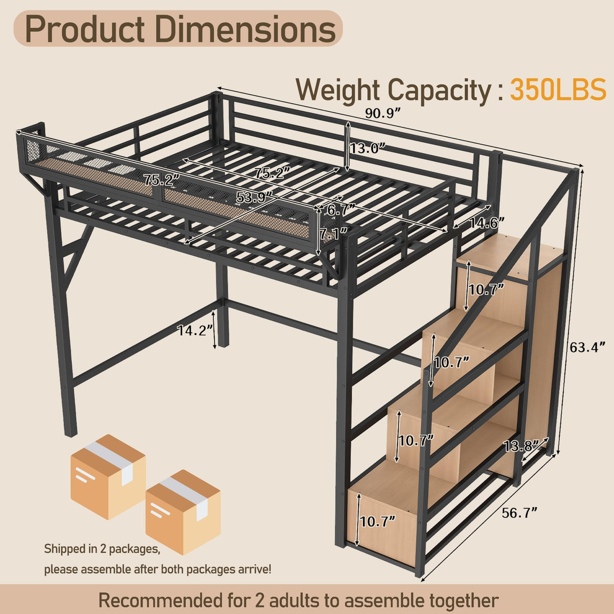 Bellemave Loft Bed Full Size with Storage Stairs, Beside Shelf & Wardrobe, Metal Full Size Loft Bed with USB Ports & LED Light, Large Under-Bed Space Loft Beds for Adults, Teens, Kids, Black Natural Bellemave