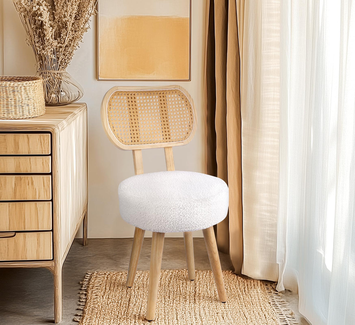 Rattan Dining Chair, Kitchen Dining Room Chairs, Mid Century Modern Boucle Chair, Stylish Upholstered Wood Accent Chair, Cute Sherpa Chair, Living Room Bar Stool Chair, Boho Makeup Vanity Chair, 1 Pc ZYBT