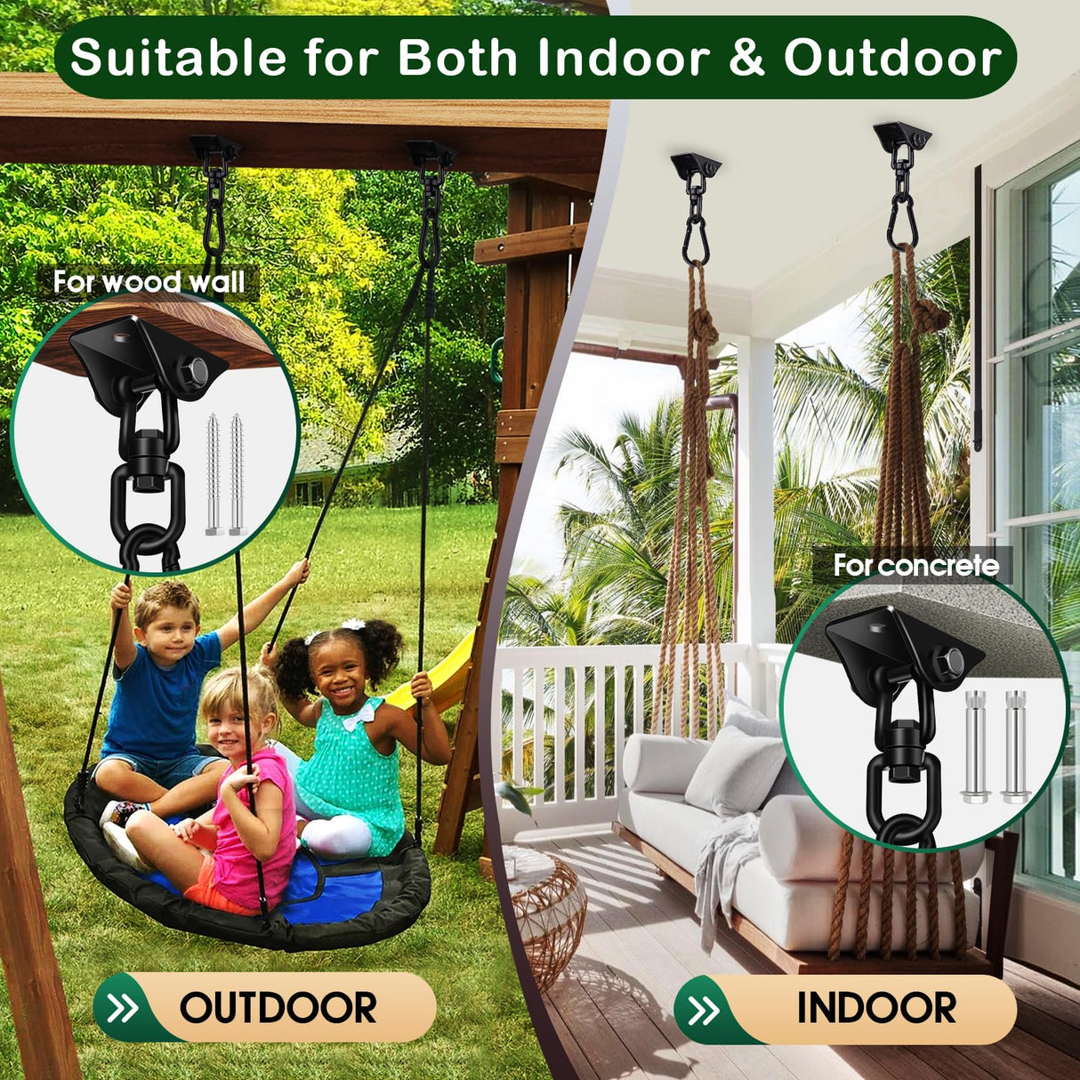 Hammock Hanging Kit 2 Pack, Porch Swing Hanging Kit 1200 Lb Capacity, Hammock Ceiling Hooks Heavy Duty 360°Rotating Hanging Swing Chair Hardware for Hammock Chair Stand, Porch, Yoga, Gym Feanron