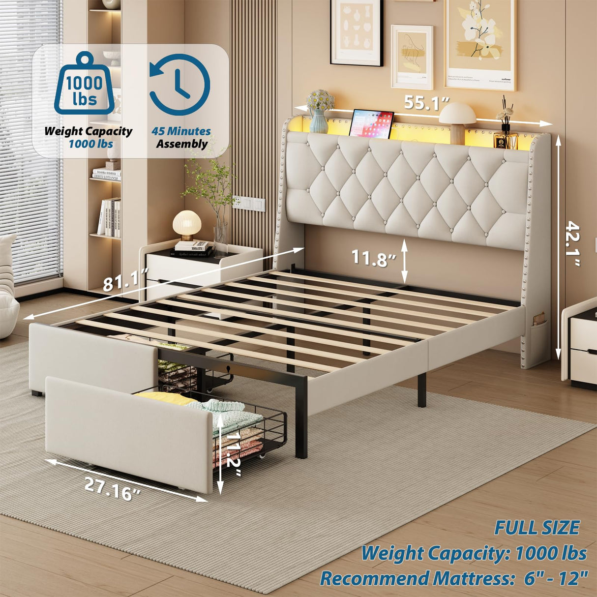 Etditrnp Full Bed Frame with Storage Drawers, LED Bed Frame with Charging Station, Velvet Button Tufted Upholstered Headboard, Wood Slats Support Noise-Free, No Box Spring Needed, Beige Etditrnp