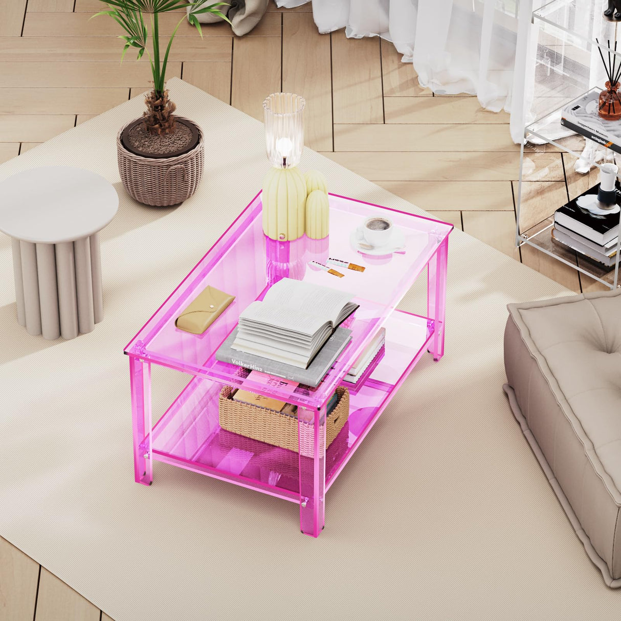 solaround Acrylic Coffee Table with Storage Shelf,Rectangle Living Room 2-Tier Center Table for Small Spaces (Rectangle, Pink, Nomal) solaround