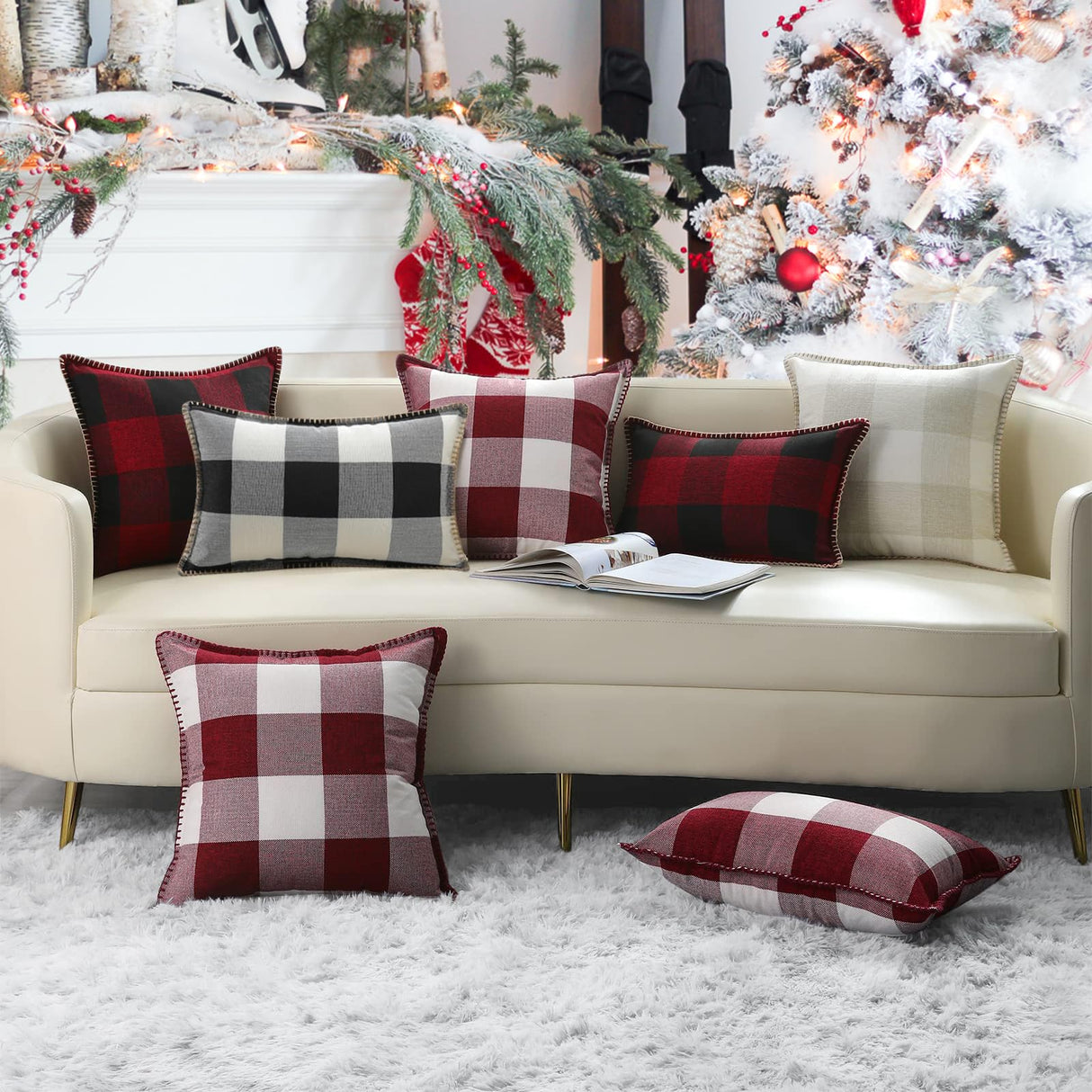 decorUhome Christmas Buffalo Plaid Check Throw Pillow Covers 18x18 Set of 2, Outdoor Linen Decorative Farmhouse Gingham Pillow Covers with Stitched Edge for Bed Couch Sofa, Cream White and Beige decorUhome
