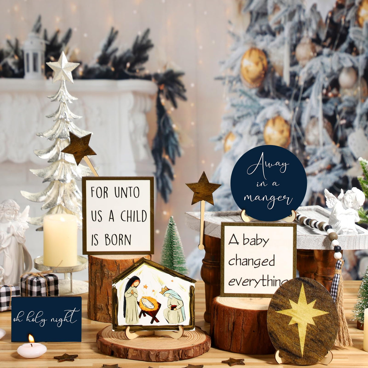 Bucherry Christmas Christian Jesus Nativity Tiered Tray Decor Farmhouse Angels Mangers Jesus' Birth Wooden Christian Decor for Home Table Mantel Bucherry