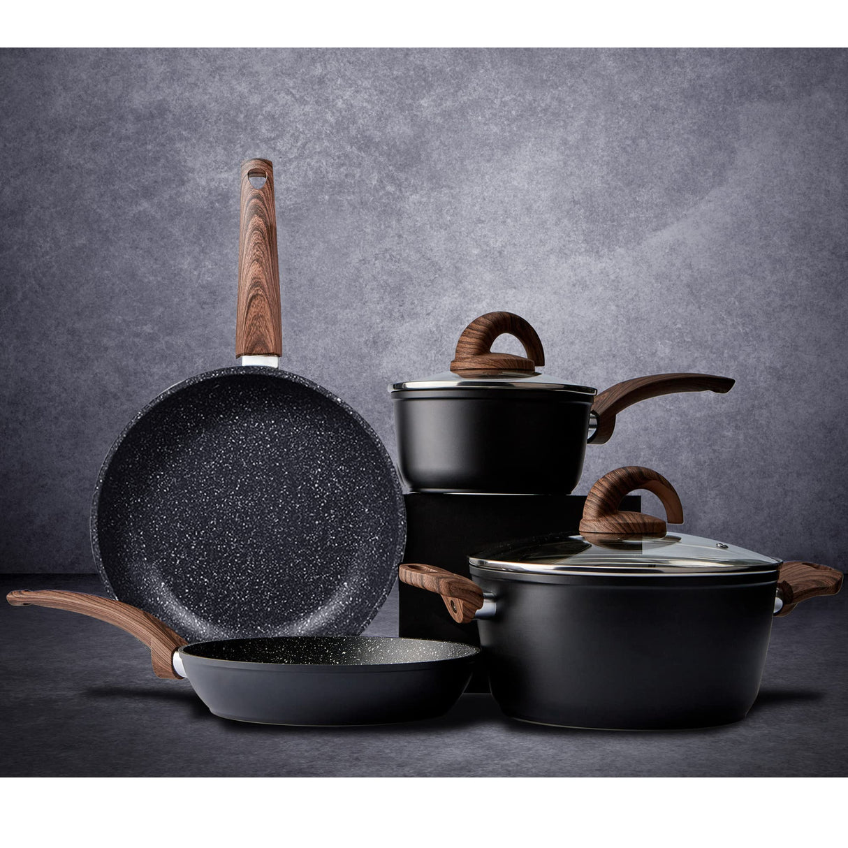 Vkoocy Pots and Pans Set Non Stick, Ceramic Cookware Set with Granite Pattern Kitchen Cooking Sets Induction Pot and Pan w/Frying Pans, Saucepans, Casserole, Non-Toxic, PTFE/PFOA/PFOS-Free, Black vkoocy