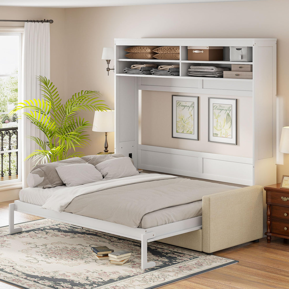 Merax Queen Size Murphy Bed, Wooden Queen Murphy Bed with Sofa and Cushion, Wall Bed with Shelves, White Merax