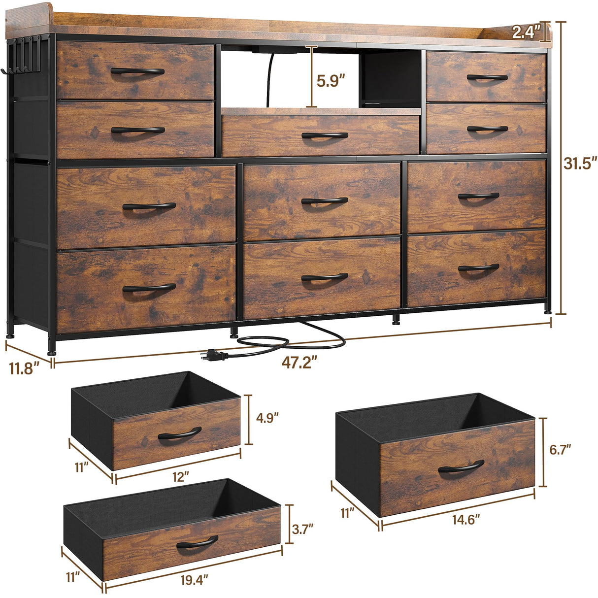 EnHomee Dresser TV Stand with 11 Drawers for 60" TV Stand for Bedroom with LED Lights & Power Outlets Long Dresser for Bedroom with Shelves & 4 Hooks, Sturdy Metal Frame & Thick Wood Top, Rustic Brown EnHomee