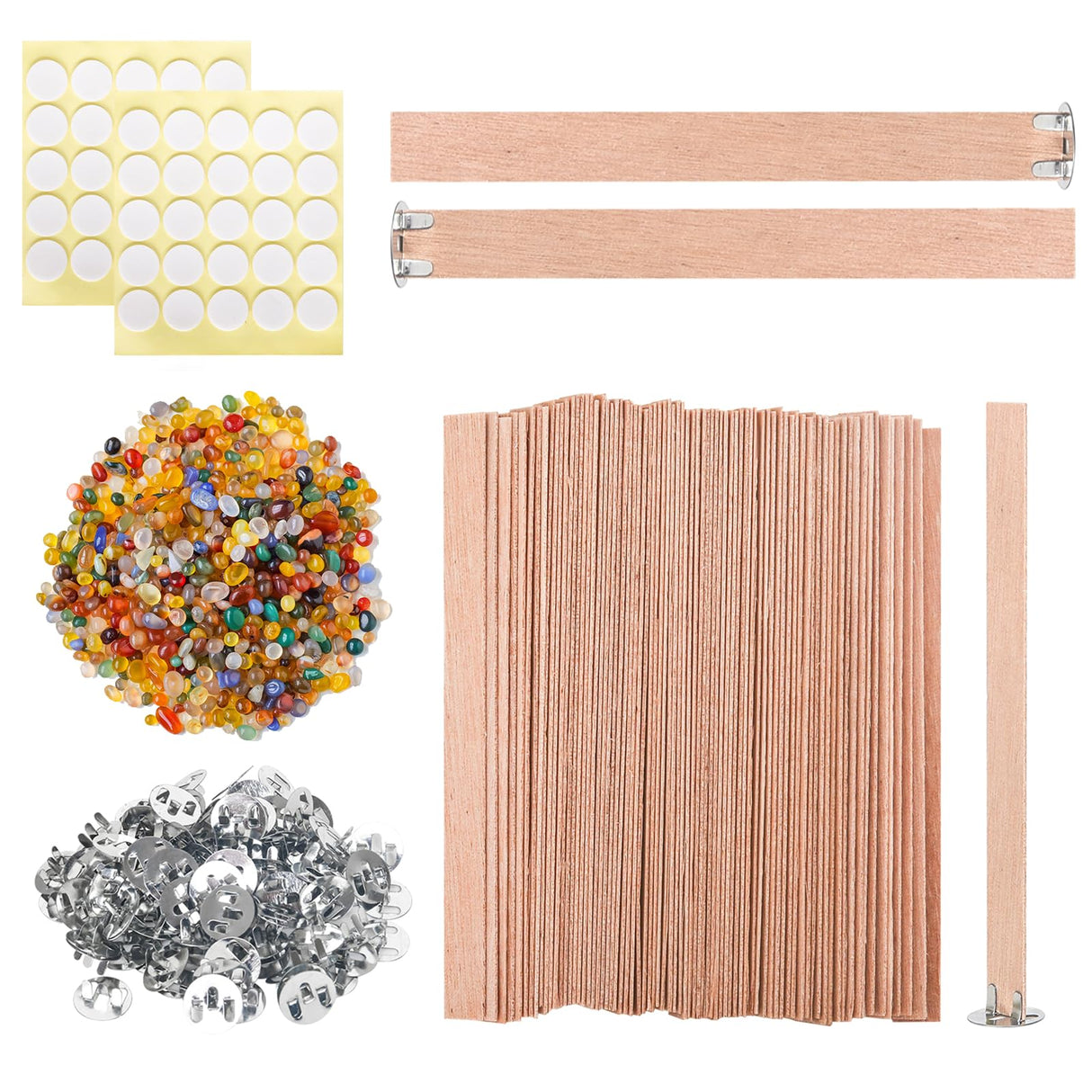 BENIMUS 150 Pcs Wood Candle Wicks Set, 5.1 X 0.5 X 0.06 Inch Naturally Smokeless Wood Wicks for Candle Making, Wooden Wicks with Glue Dot and Colored Crystal for Candle Making BENIMUS