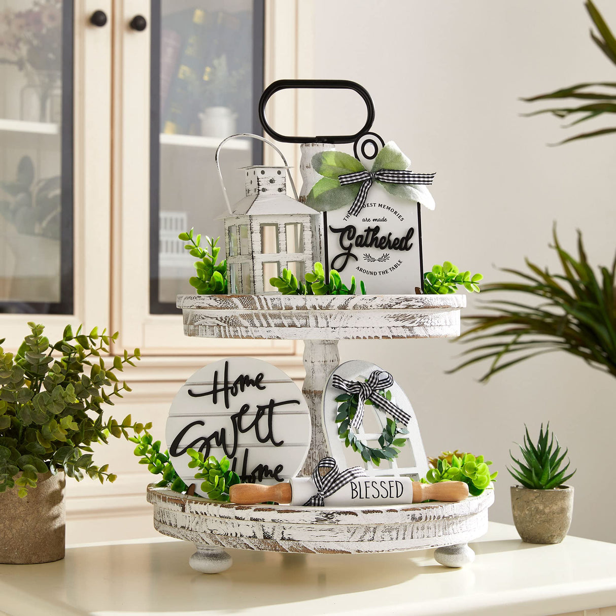 Houmury Set of 16 Farmhouse Tiered Tray Decor with 1 Lantern Artificial Plant& Cutting Board Sign for Rustic Home Kitchen Decor Tier Tray Decor Set (Tiered Tray Not Included) Houmury