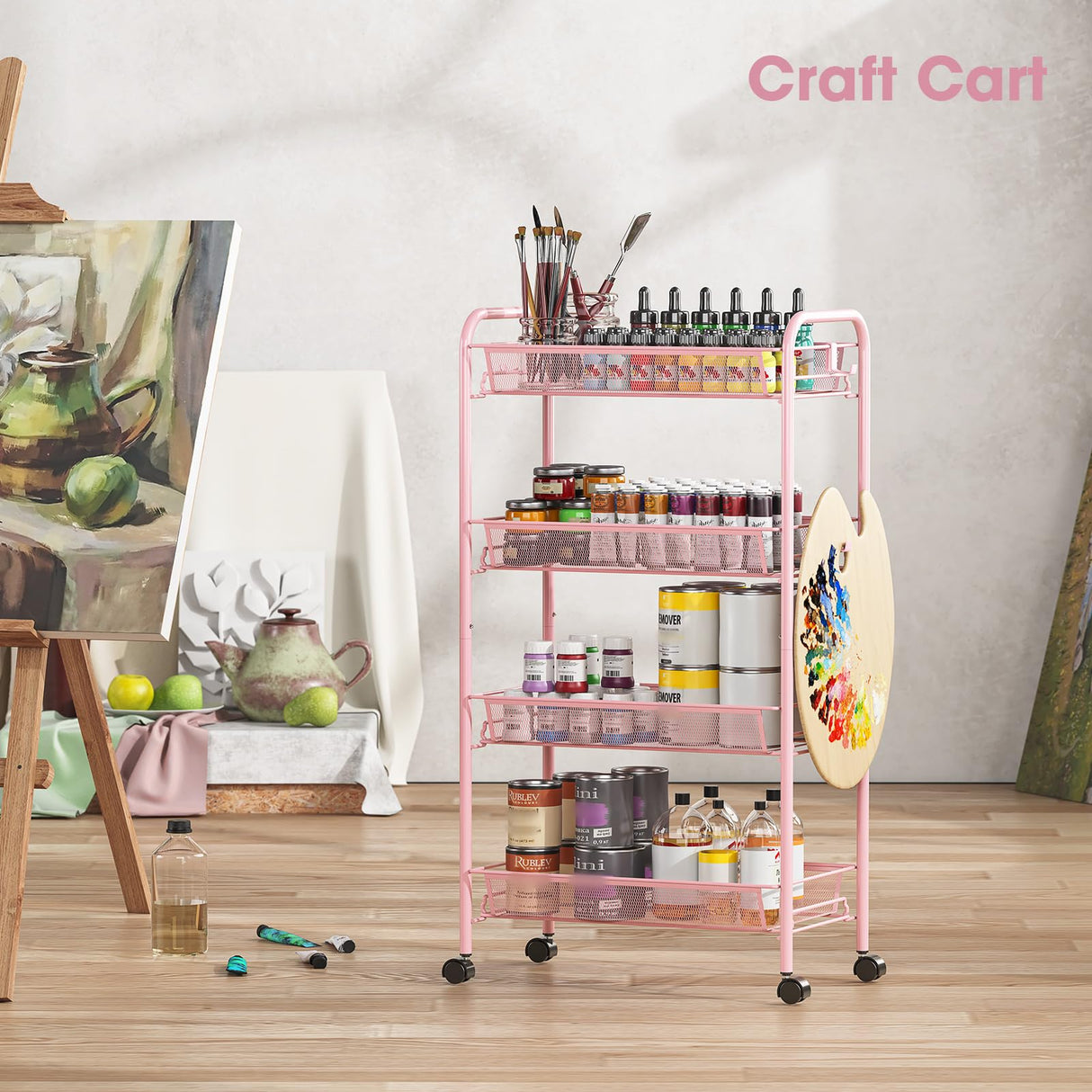 TOOLF 4 Tier Rolling Utility Cart - Durable Metal Design Pink Utility Cart, Storage Trolley on Wheels with 3 Hooks, Perfect for Kitchen, Bathroom & Laundry Room Organization TOOLF