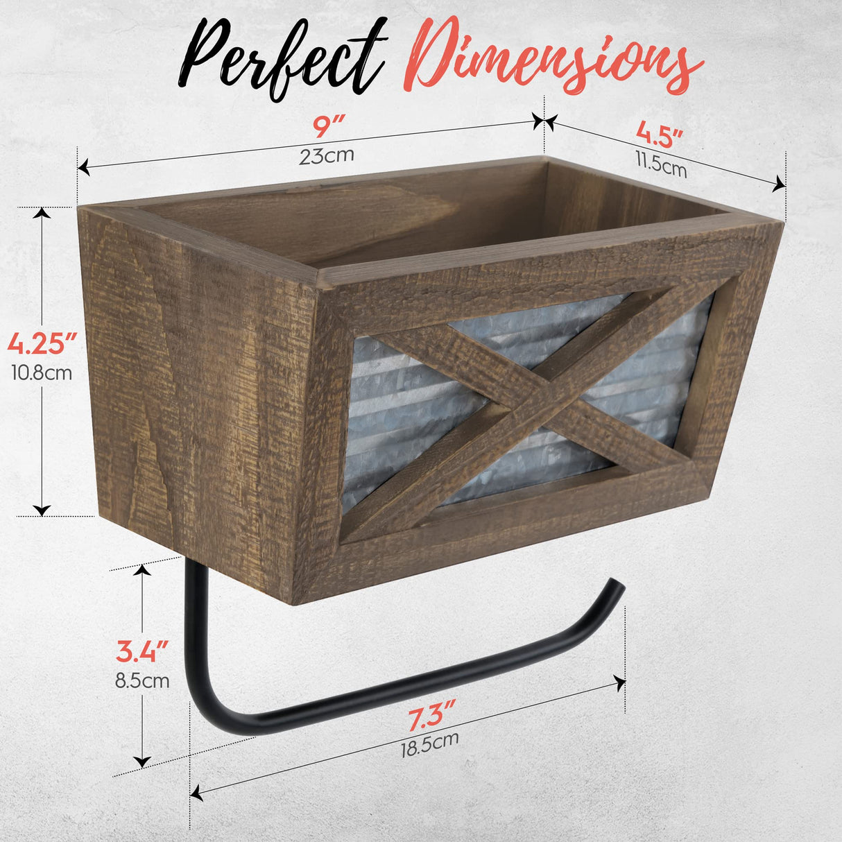 Autumn Alley Farmhouse Toilet Paper Holder with Basket for Cell Phone - Rustic Toilet Paper Holder, Farmhouse Bathroom Country Decor - Wood, Galvanized & Black Metal - Adds Rustic Charm, Brown Autumn Alley