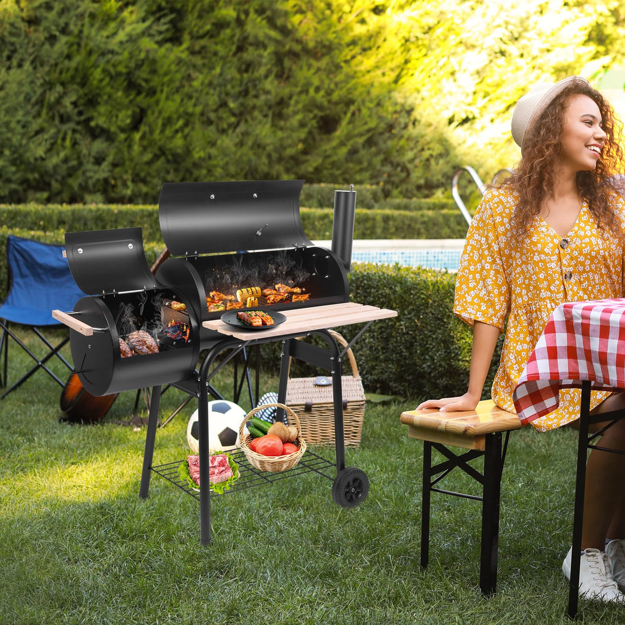 Outvita BBQ Charcoal Grill, Outdoor Patio Barbecue Cooker with Offset Smoker, Wheels and Tray for Balcony Picnics, Party and Camping Outvita