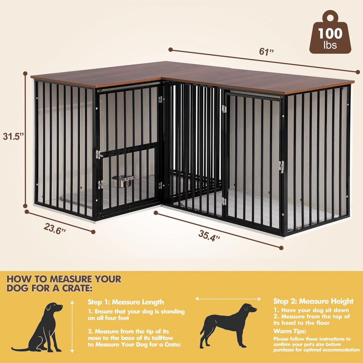 FKLUG Dog Crate Furniture for 2 Dogs, Corner Heavy Duty Double Dog Kennel Furniture with Divider, Indoor Wooden Dogs Crate Large Breed (Black) FKLUG