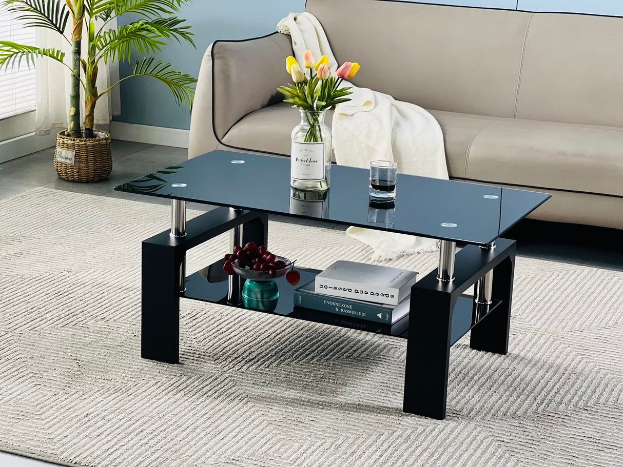 Btrpily Living Room Rectangle Coffee Table, Tea Table Suitable for Waiting Room, Modern Side Coffee Table with Wooden Leg, Glass Tabletop with Lower Shelf, 39.5D x 23.5W x 17.5H in, Black Btrpily