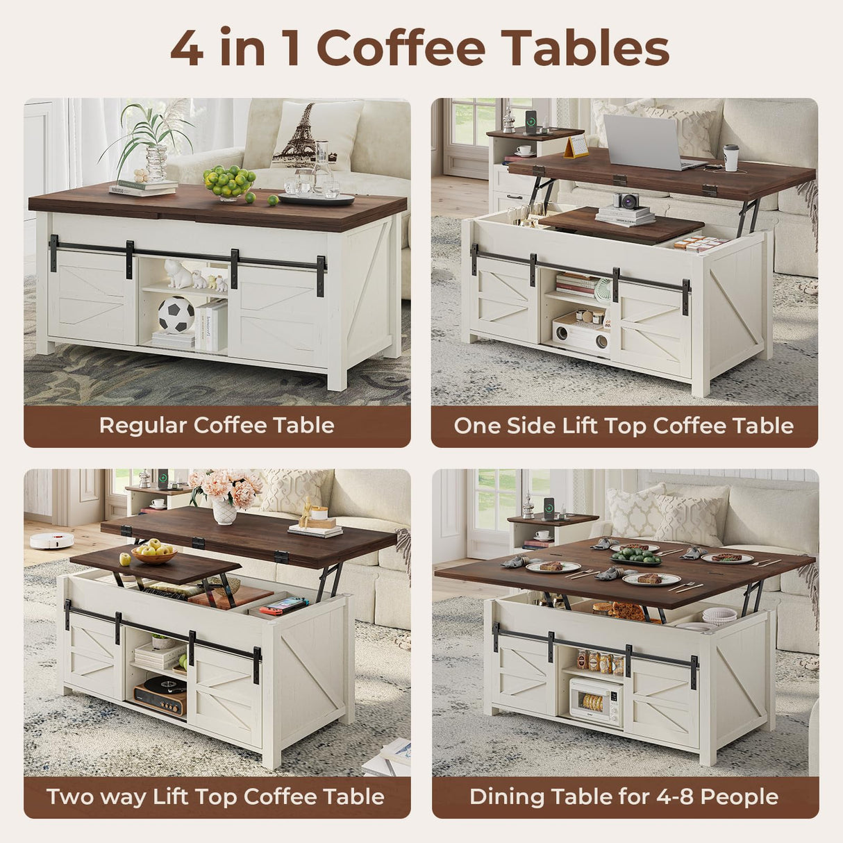 UPOSOJA Lift Top Coffee Table for Living Room with 4 Sliding Barn Doors, 4 in 1 Farmhouse Coffee Table with Adjustable Shelves and Hidden Storage Compartment, Converts to Dining Table (Brown White) UPOSOJA
