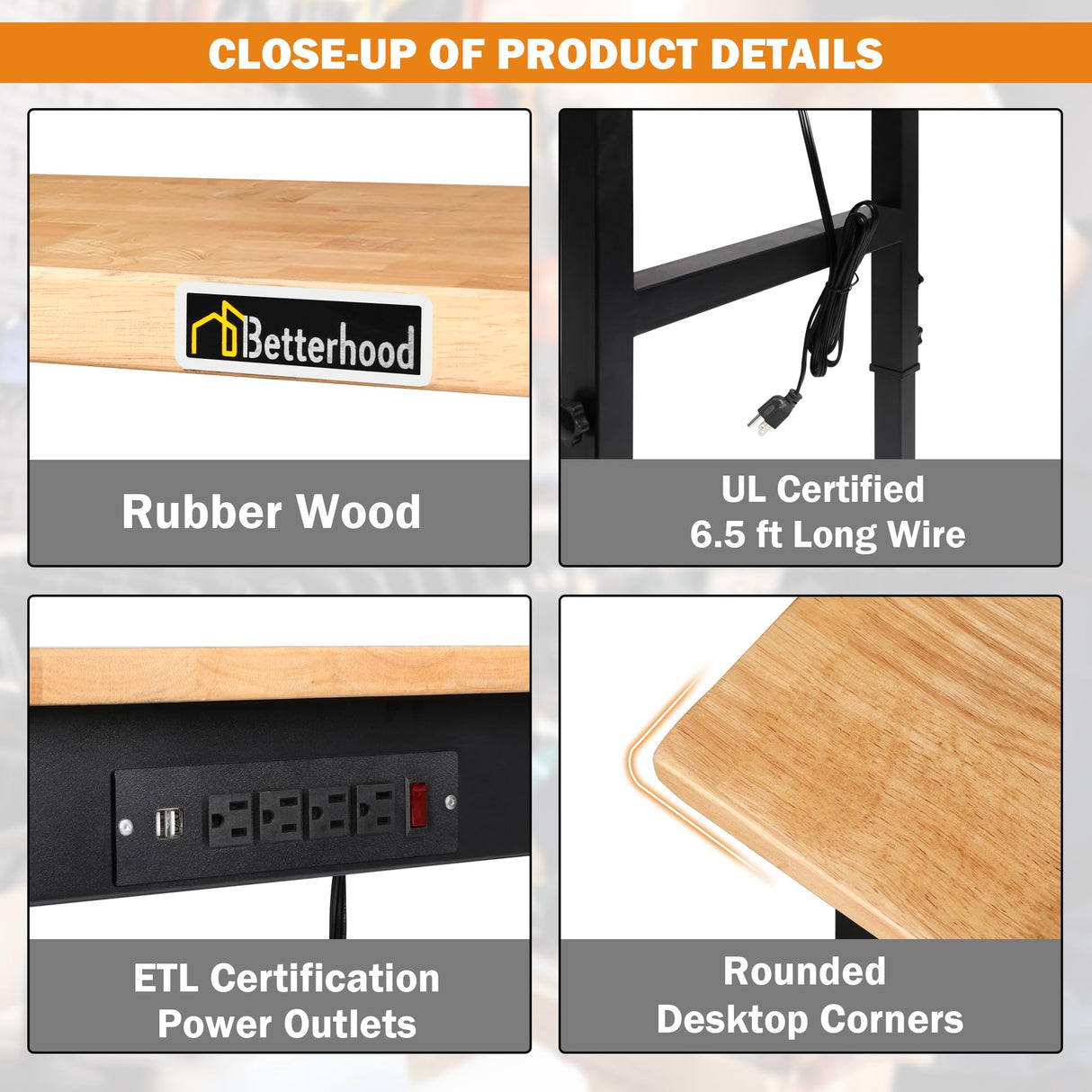 Betterhood 48" Adjustable Workbench for Garage, Rubber Wood Heavy Duty Workstation with Power Outlets & Wheels, 2000 LBS Load Capacity Hardwood Worktable for Workshop, Garage, Office, Home, Commercial Betterhood