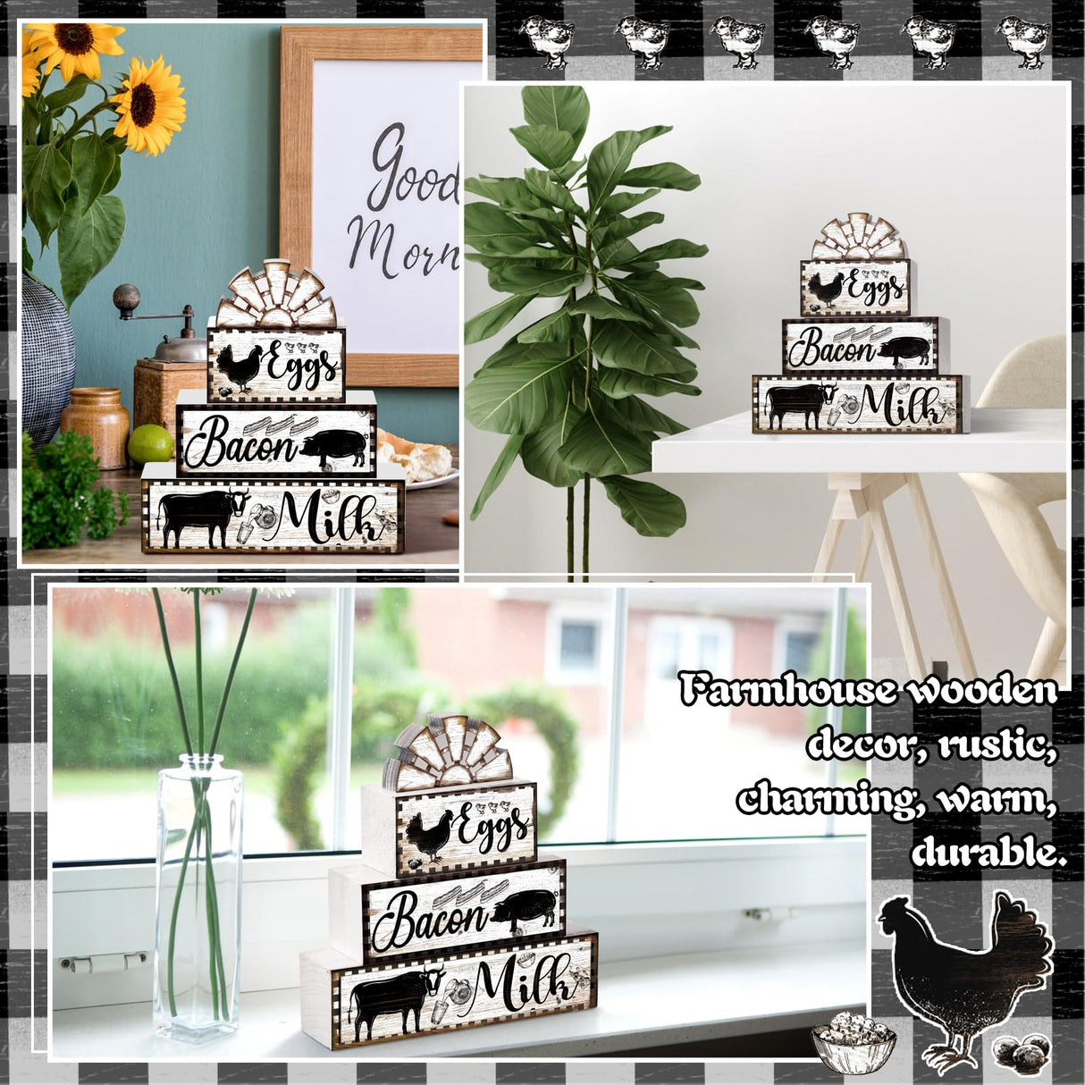 4 Pcs Farmhouse Wood Stacking Blocks Cow Rooster Pig Tiered Tray Decor Rustic Decorative Faux Stacked Book Farm Animal Table Sign Decor for Home Living Room Kitchen Dining Room Shelf Table Centerpiece Jetec