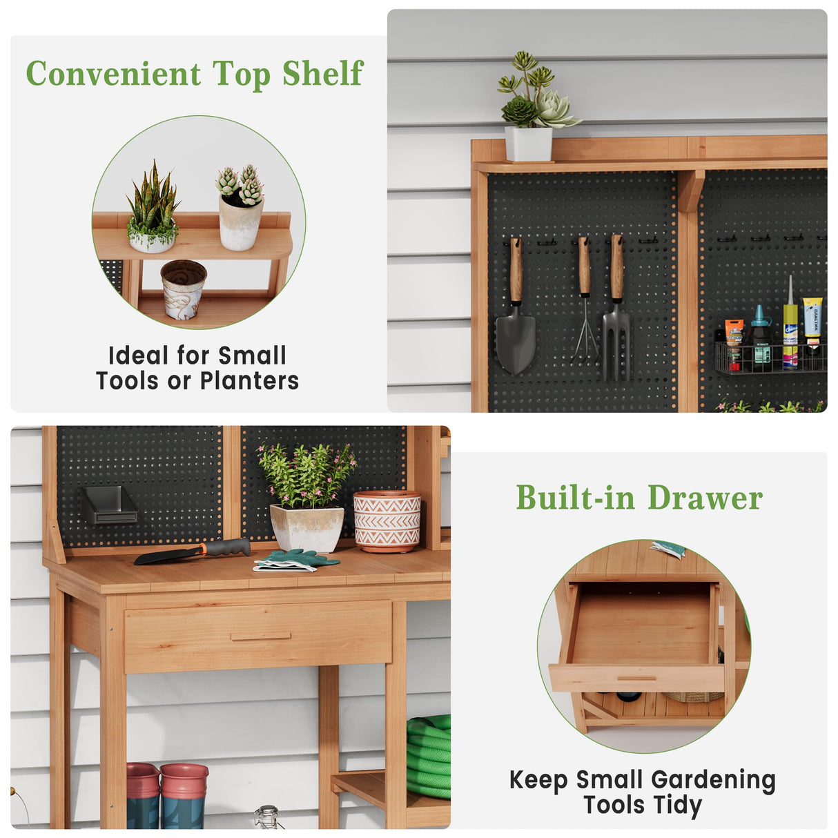 Wooden Potting Benches for Outside, Large Garden Potting Table with Drawers, Outdoor Work Bench with Storage, Holey Board and Hooks, Garden Plant Workbench Patio Workstation for Backyard, Natural Hipicute