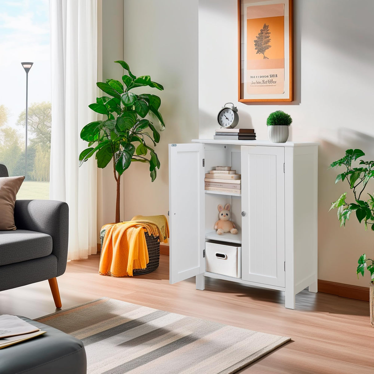 ZENY Bathroom Floor Storage Cabinet with Double Door + Adjustable Shelf, Wooden Organizer Cabinet for Living Room, Bathroom, Bedroom, Modern Home Furniture (White) ZENY