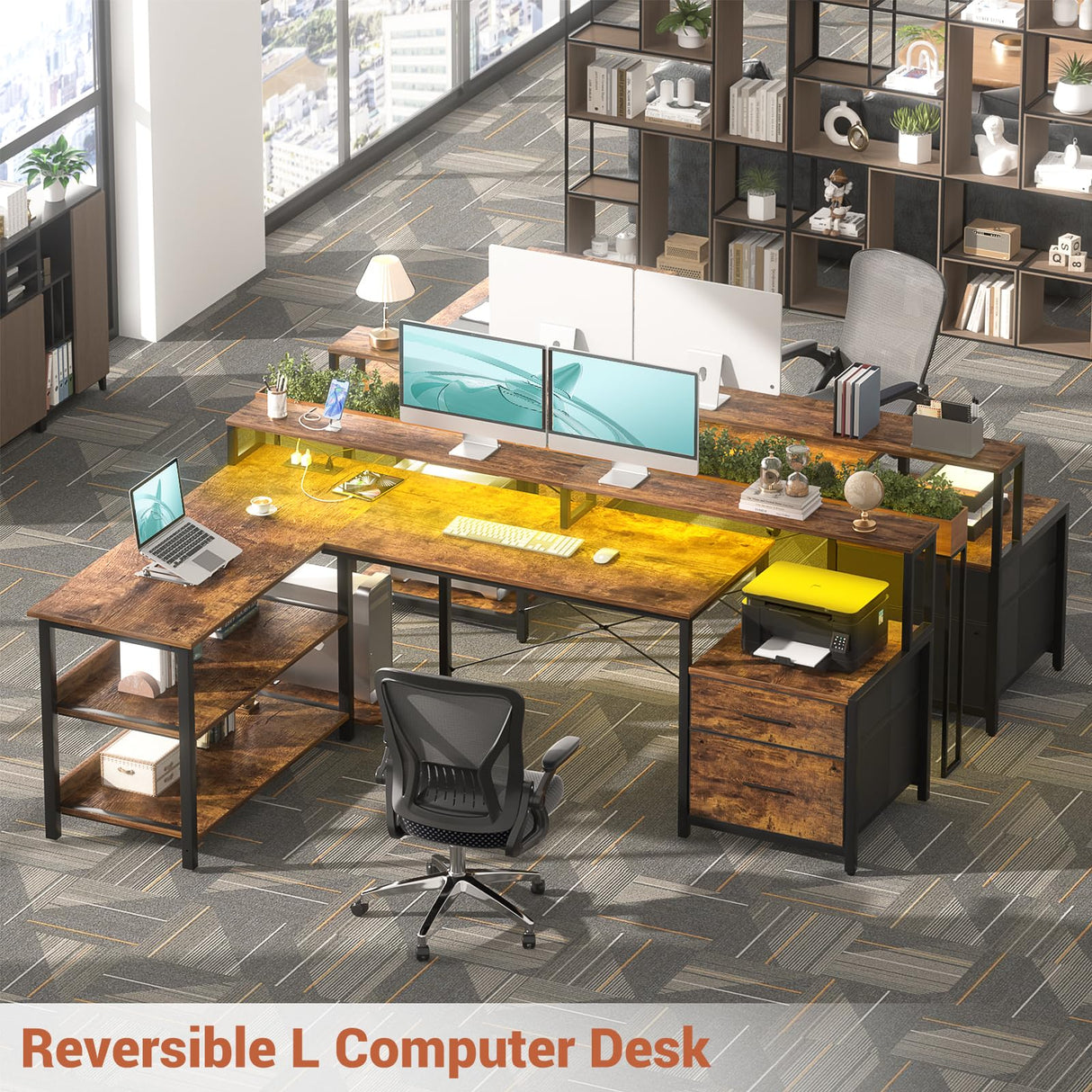 Aheaplus L Shaped Desk with File Drawer, 66" Reversible L Shaped Computer Desk with Power Outlet & LED Strip, Gaming Desk with Monitor Stand, Office Desk Corner Desk with Storage Shelf, Rustic Brown Aheaplus