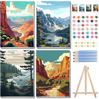 4 Pack National Park Paint by Numbers Kit for Adults with Wooden Frame, Landscape Paint by Numbers for Adults, National Park Adult Paint by Numbers Kit with Wooden Easel for Home Decor Gift 8x12 Inch