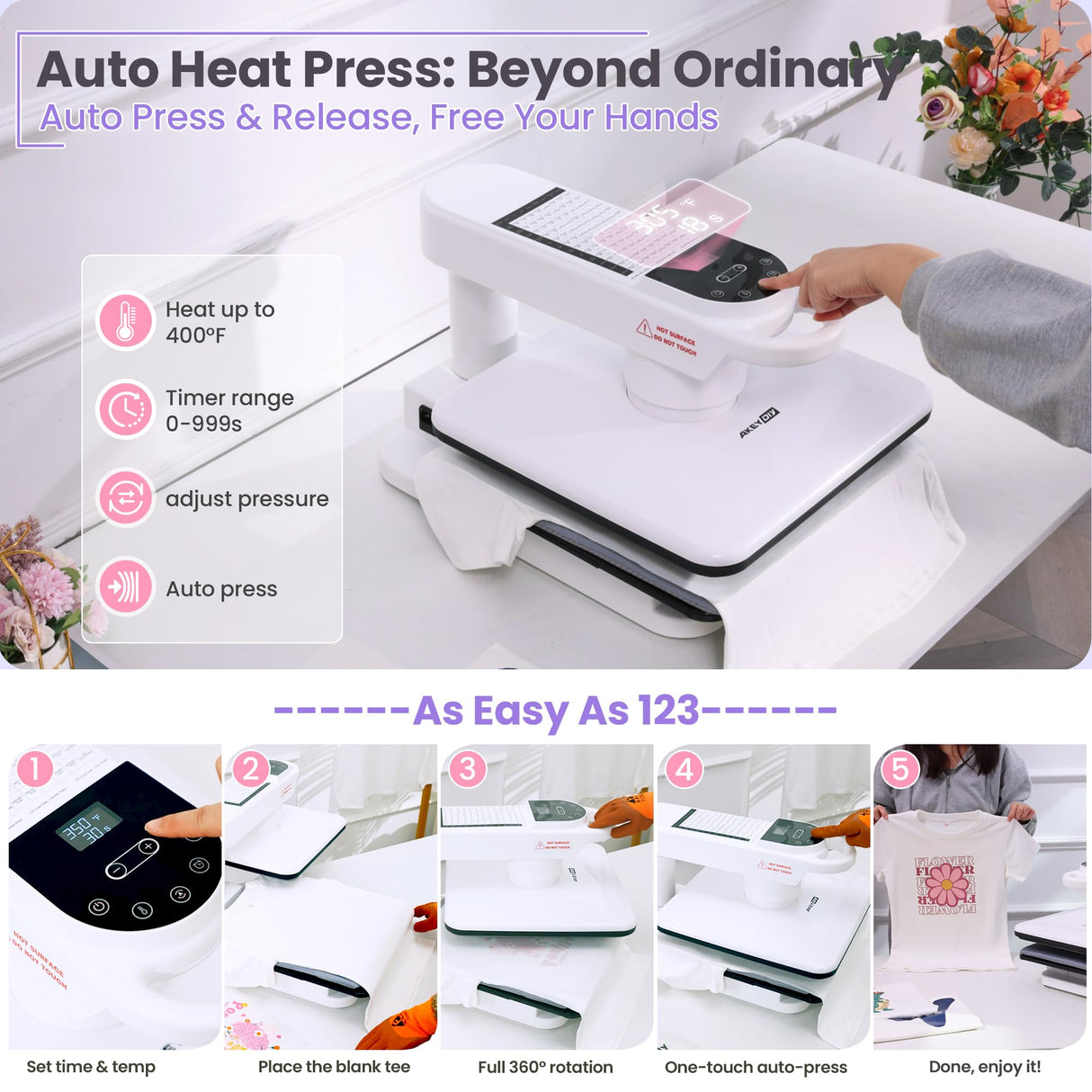 Whubefy 360° Swivel Auto Heat Press 15x15 - Professional Automatic Shirt Press Machine with Auto Release & 7-Level Auto Pressure - Swing Away Large Pro Heat Press Machine for T Shirts Hoodie HTV Vinyl Whubefy