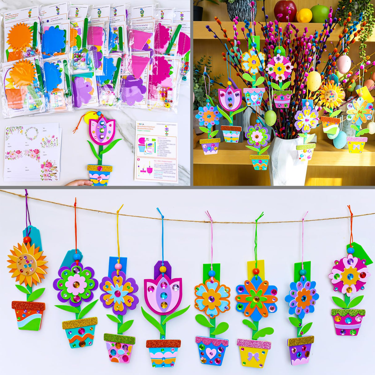 Winlyn 24 Sets Potted Flower Craft Kits DIY Potted Flower Ornaments Decorations Tulip Sunflower Foam Stickers Arts and Crafts for Kids Classroom Activities Birthday Spring Summer Camping Party Favors Winlyn