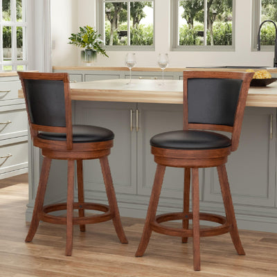 Swivel Bar Stools Set of 2, 24" Counter Height Swivel Barstools with Back & Faux Leather Upholstered Seat, Island Chairs with Solid Wood Legs & Footrest for Kitchen, Dining Room, Pub (Brown)